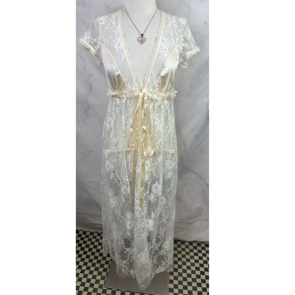 Vtg Claire Pettibone Ethereal Lace Peignoir Set Sheer Robe Gown Dress S Bridal